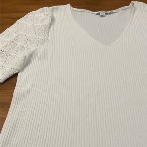 NWT Elegant Chico’s White Crochet Lace Short Sleeve Sweater Top Sz 2 Large
